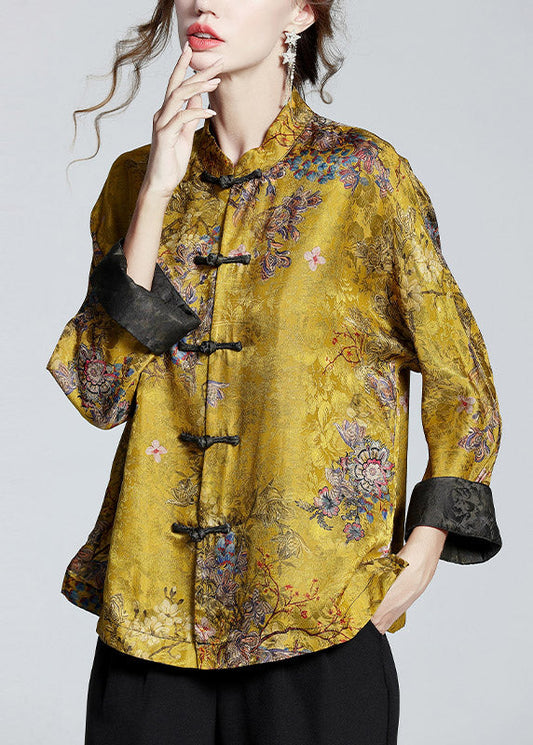 Chinese Style Golden Brown Stand Collar Button Print Silk Coats Long Sleeve