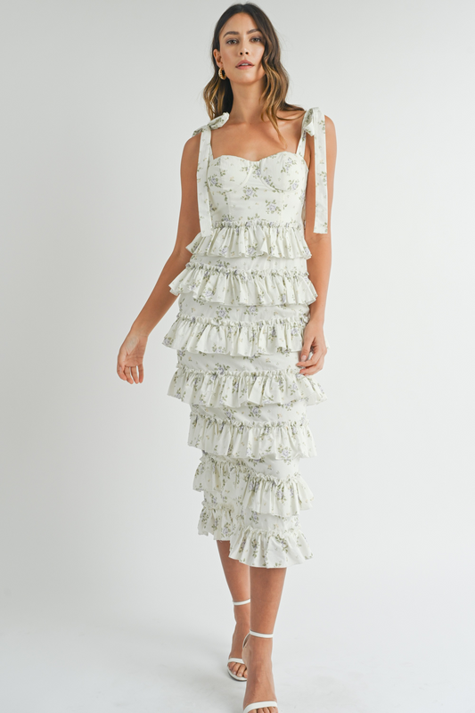 Elisa Ruffle Tiered Bustier Midi Dress