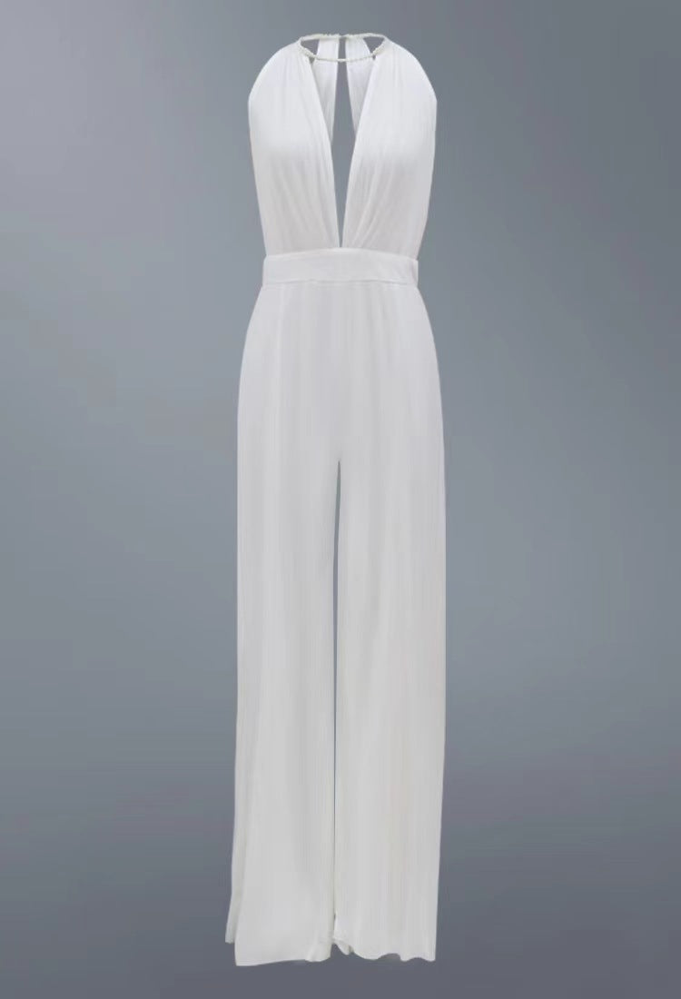 Sexy  White Plain Deep V Neck Backless Sheer Spliced Jumpsuit