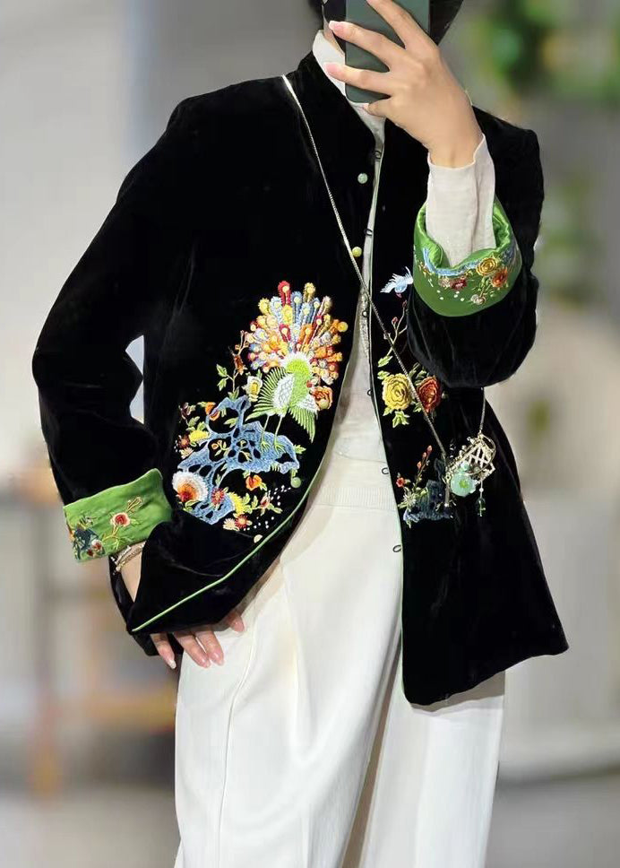 Chinese Style Black Stand Collar Embroideried Patchwork Velour Coats Fall