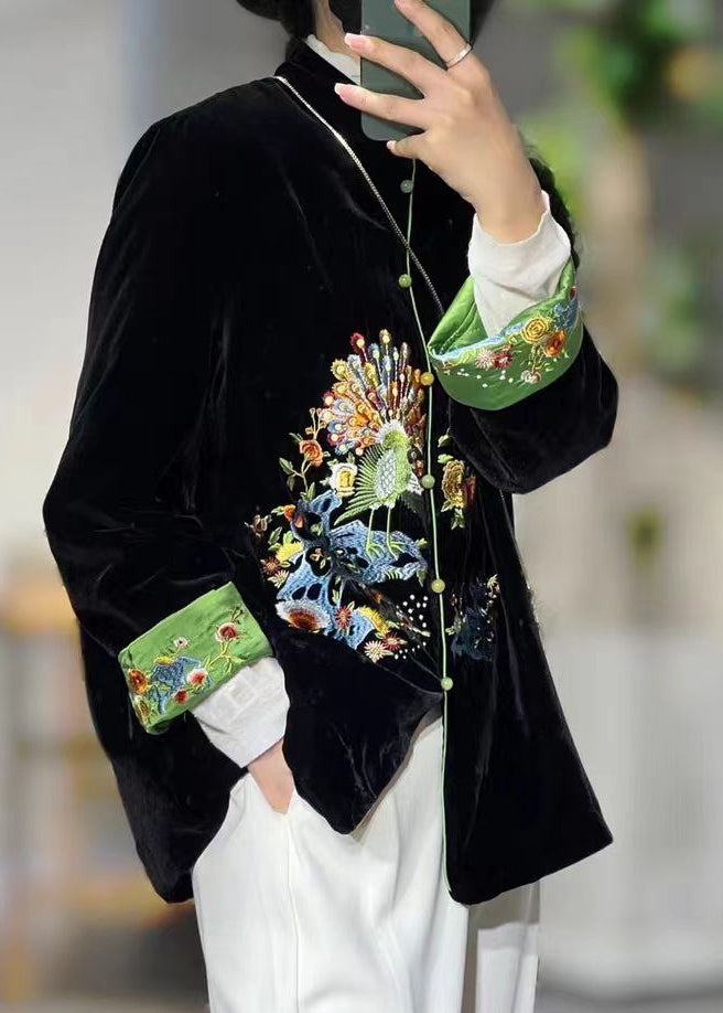 Chinese Style Black Stand Collar Embroideried Patchwork Velour Coats Fall