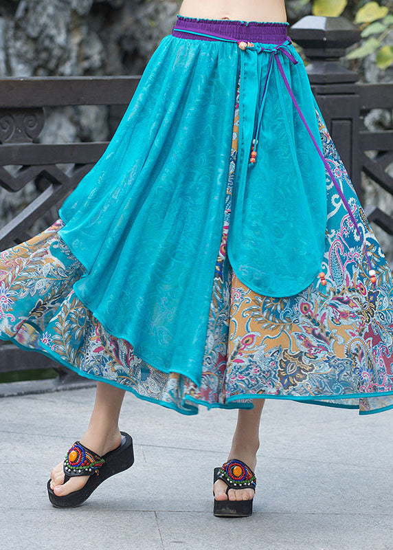 Vintage Blue Wrinkled Patchwork Print Chiffon Skirts Spring