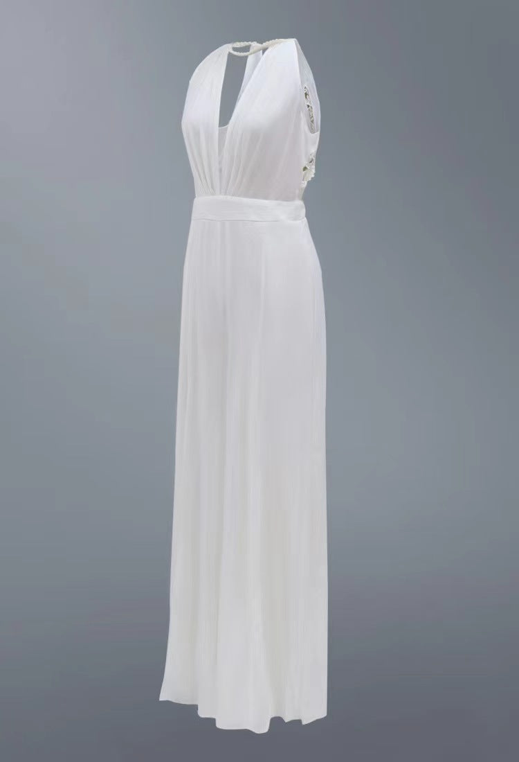 Sexy  White Plain Deep V Neck Backless Sheer Spliced Jumpsuit