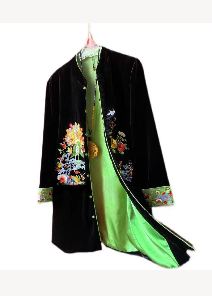 Chinese Style Black Stand Collar Embroideried Patchwork Velour Coats Fall