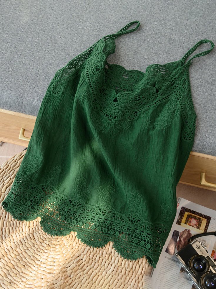 Khaki Loose Casual Vintage Lace Sleeveless Vest