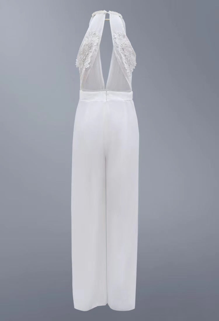 Sexy  White Plain Deep V Neck Backless Sheer Spliced Jumpsuit