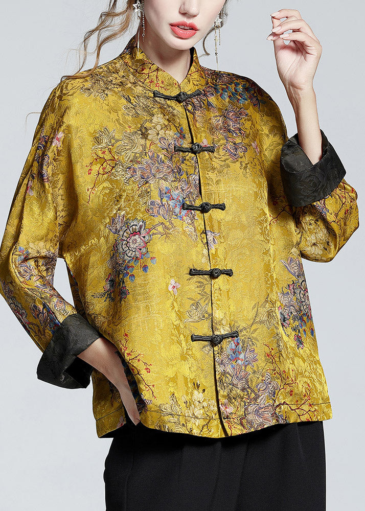 Chinese Style Golden Brown Stand Collar Button Print Silk Coats Long Sleeve