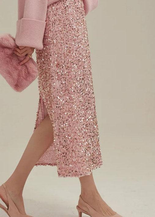 Women Pink Sequins Patchwork Back Side Open Velour Skirt Spring