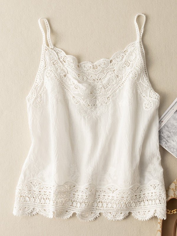 Khaki Loose Casual Vintage Lace Sleeveless Vest