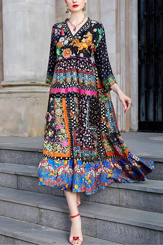 Bohemian Colorblock V Neck Print Patchwork Silk Long Dress Spring