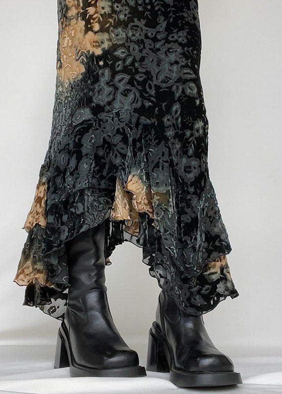 Shipping in 24 hours-Chic Black Asymmetrical Print Ruffled Patchwork Silk Velour Skirt Summer