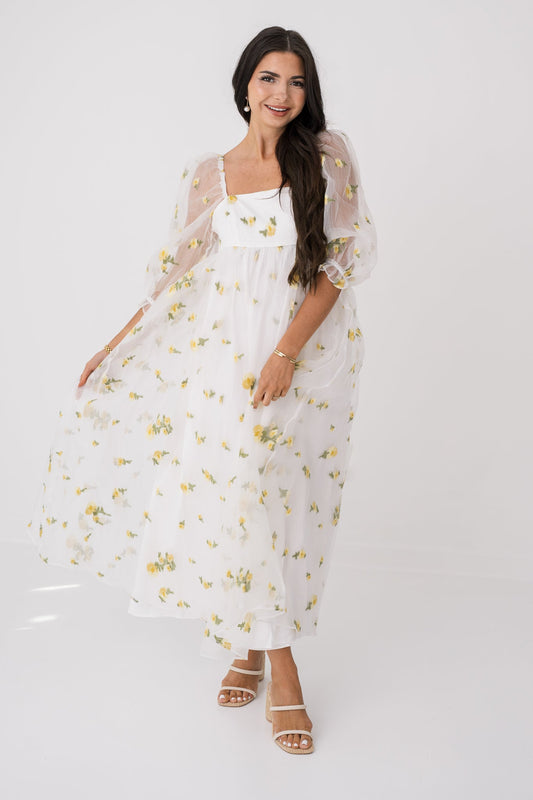 Yellow Daisy Embroidered Midi Baby Doll Dress