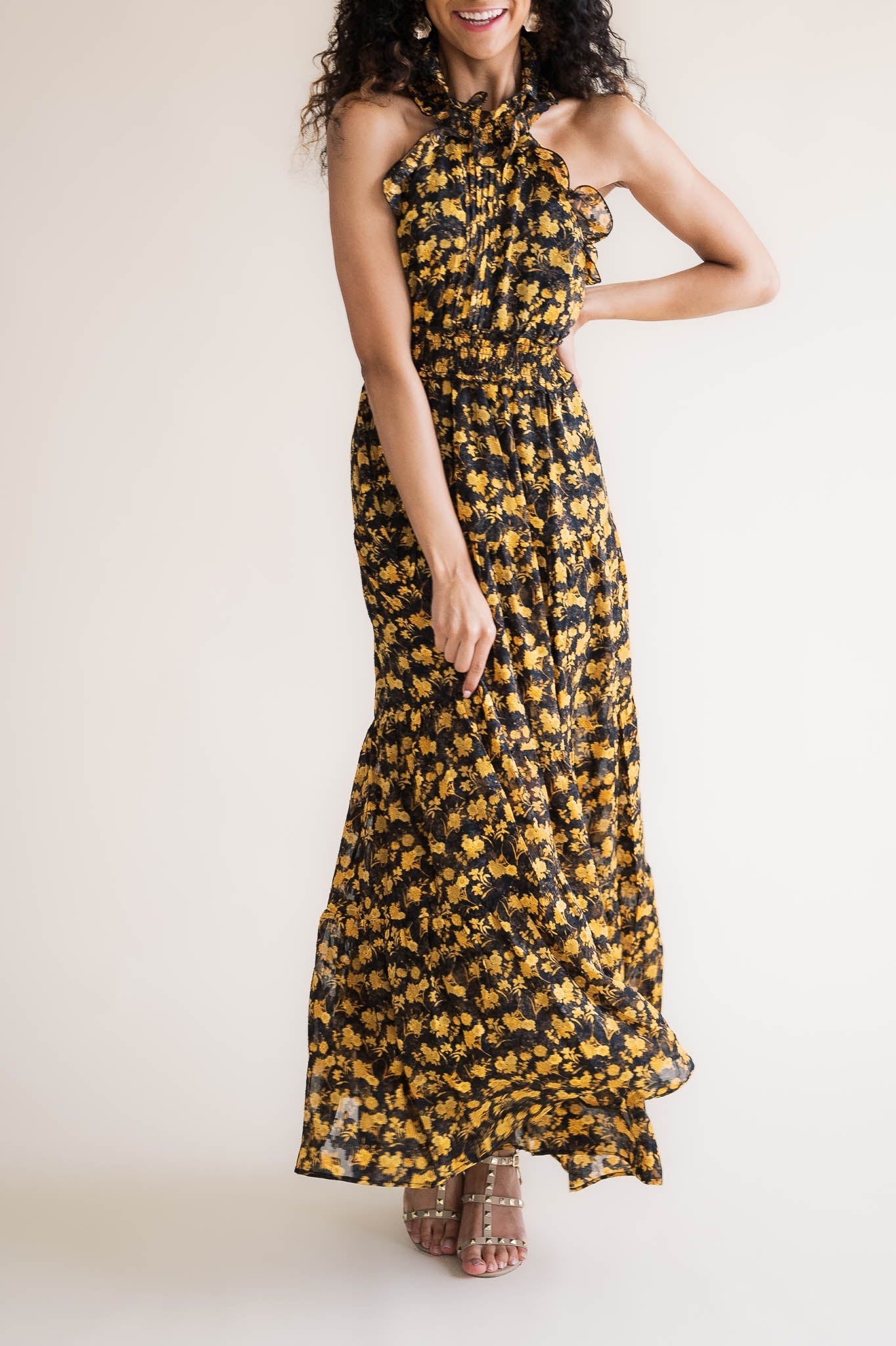 Black and Gold Halter Maxi Dress