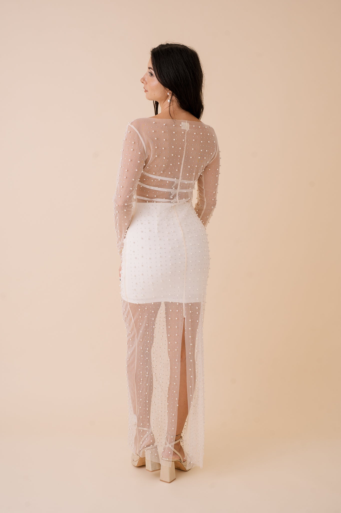 Long Sleeve Pearl Mesh Overlay Maxi Dress